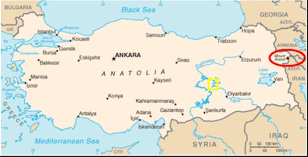 Location of Mount Ararat (see red oval) in Eastern Turkey. Image from Wikipedia. Public domain, from https://commons.wikimedia.org/w/index.php?curid=28820, also at https://christianideas.eu/images/Ararat-Location.jpg (a bit improved). Noah's Ark docked in the mountains of Ararat, according to the Bible. We can also see the second source (the original one) of the Tigris River, which may correspond to the location of the Garden of Eden (Paradise). The small yellow rectangle contains two lakes—one on the Tigris River (east) and one on the Euphrates River—that were once part of the initial Lake of Eden (source: God). More information can be found in the chapter ‘Eden’. Source: Wikipedia, https://commons.wikimedia.org/wiki/File:Ararat-Location.png.