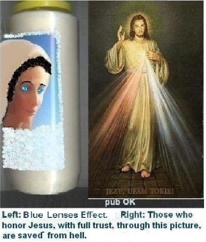 Left: Aesthetic care: Blue Lenses good info + care + thin Eyebrows. 

Right: Those who honor Jesus, with full trust, through this picture , shall be saved*