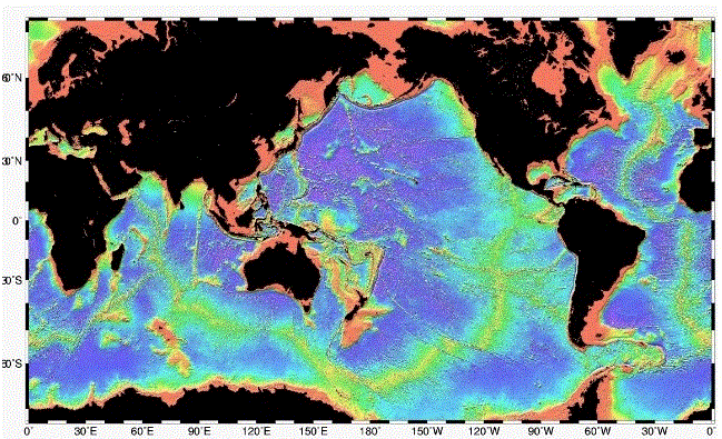 Image from the English Wikipedia, 'Bathymetry', 'File:Mid-ocean_ridge_system.gif'. Author: National Oceanic and Atmospheric Administration. Public domain.