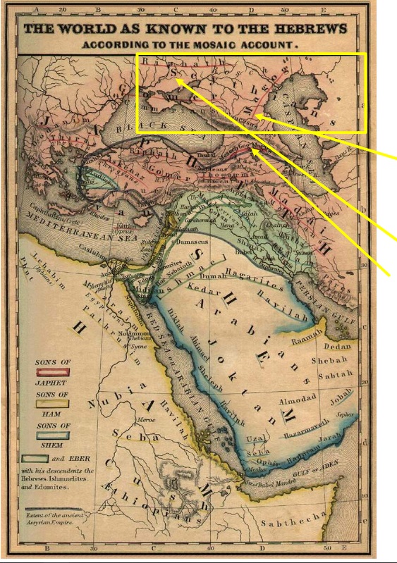 Image from Wikipedia, showing the location of Noah's descendants during the time of the Old Testament in the Bible. In yellow is shown the location of the descendants of Magog (the ancient Scythians, initially of Proto Indo-European language, the language of the ancient Medes, Proto-Iranian, which was the same as that of the ancient Proto-Romans and the ancient Proto-Germanics). Source: https://upload.wikimedia.org/wikipedia/commons/b/bb/Noahsworld_map.jpg, also at https://www.christianideas.eu/images/Noahs-world-Magog.jpg. Author: Lyman Coleman. Public domain.