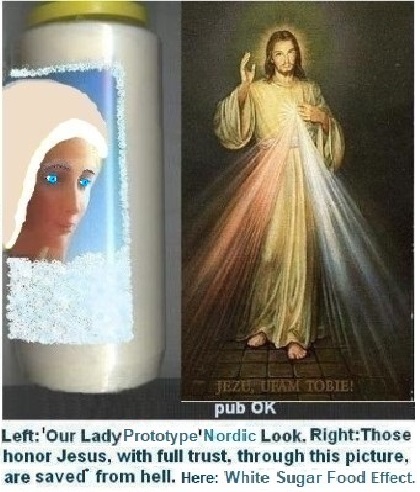 Left: White Sugars attack Look. Sweet Fruits are Better than White Sugars. Less Visible in Nordic ladies. Our Lady of Fatima 1917 was really Beautiful. 

Right: Those who honor Jesus, with full trust, through this picture , shall be saved*