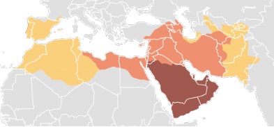 Muslim Arab empire, expansion and heyday (from 630 to 750). The Arabs benefited from the weakening of the Byzantines and Persians, to expand. Source: Wikipedia, https://en.wikipedia.org/wiki/Caliphate#/media/File:Map_of_expansion_of_Caliphate.svg, also at https://www.christianideas.eu/images/arabEmpire.jpg. Author: DieBuche. Public Domain, https://commons.wikimedia.org/w/index.php?curid=10802592.
