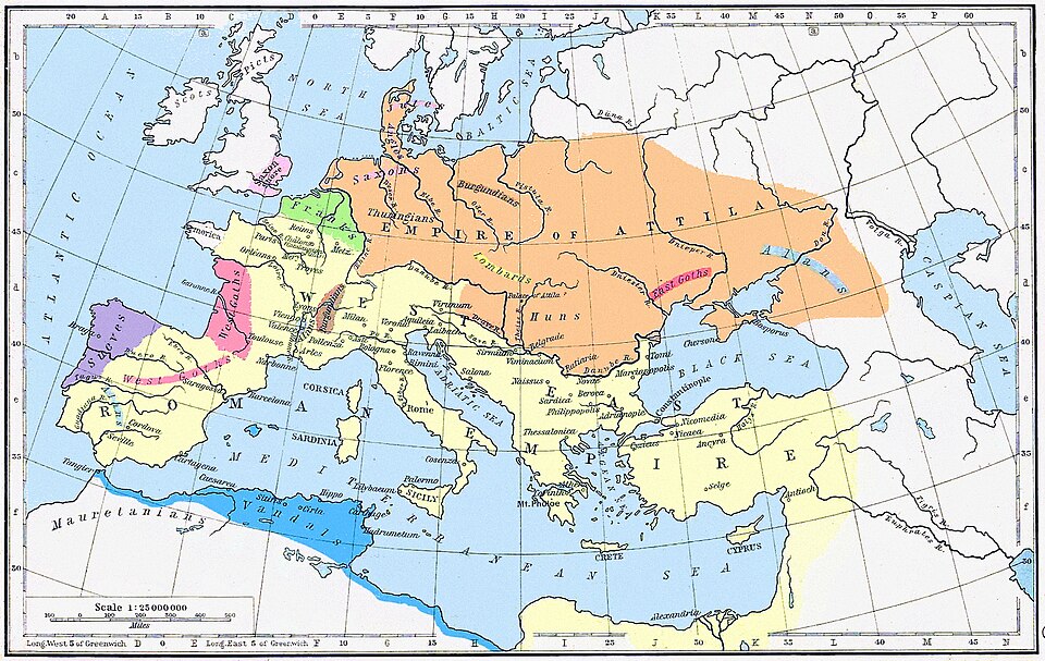 This image from Wikipedia shows the Hun Empire in the year 450, marked in light brown. The Huns also reached Sweden (South), Paris, and attacked the Roman Empire. Source: https://en.wikipedia.org/wiki/History_of_the_Huns#/media/File:450_roman-hunnic-empire_1764x1116.jpg, also at https://www.christianideas.eu/images/hunnic-empire.jpg. Image provided by Wandalstouring. Author: William R. Shepherd, Historical Atlas, New York: Henry Holt and Company, 1911. Public domain image. https://commons.wikimedia.org/w/index.php?curid=2632903.